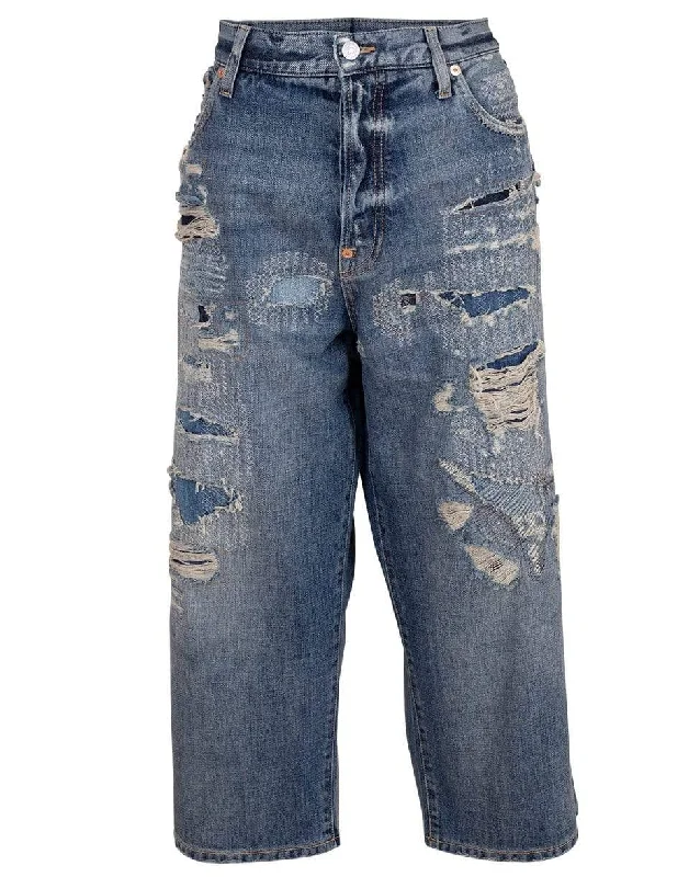 Distressed Baggy Cropped Denim Pant Trendy Velvet Pants
