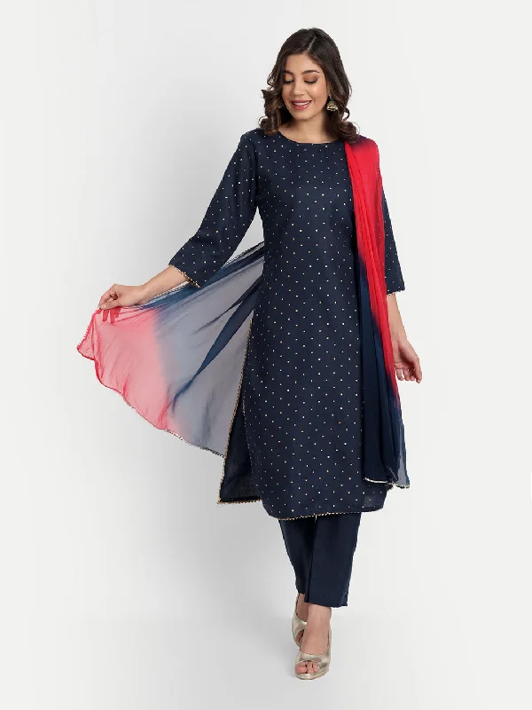 Women Party Wear Foil Polka Print Worked Kurta With Pant And Duppata Set Lightweight Jogger Pants