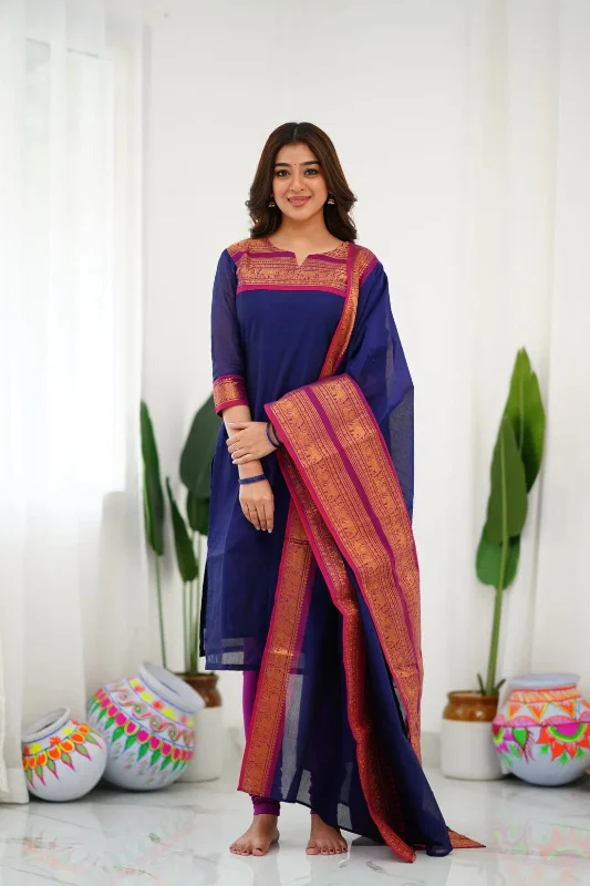 Women Party Wear Cotton Kurta With Pant And Duppata Set Elegant Wool Trousers