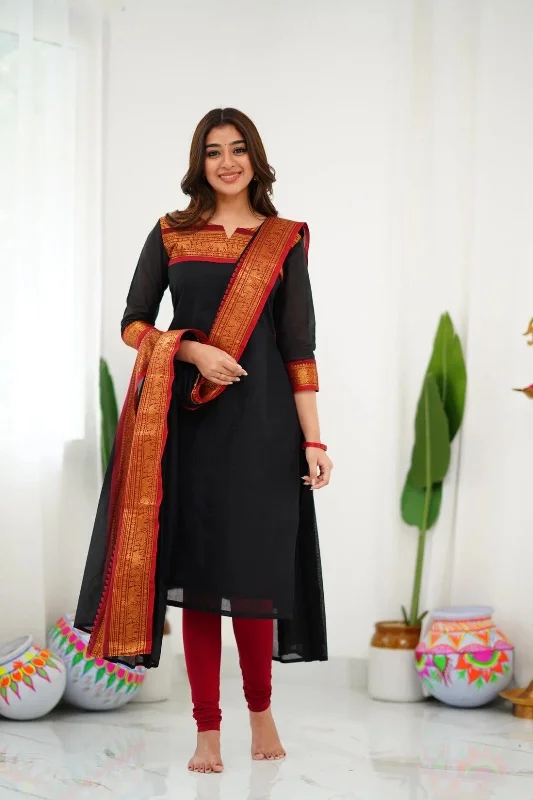 Women Party Wear Cotton Kurta With Pant And Duppata Set Chic Faux Leather Pants