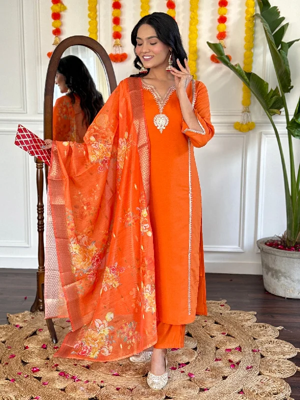 Women Party Wear Embroidery Worked Kurta With Pant And Duppata Set Fashionable Button-Up Pants