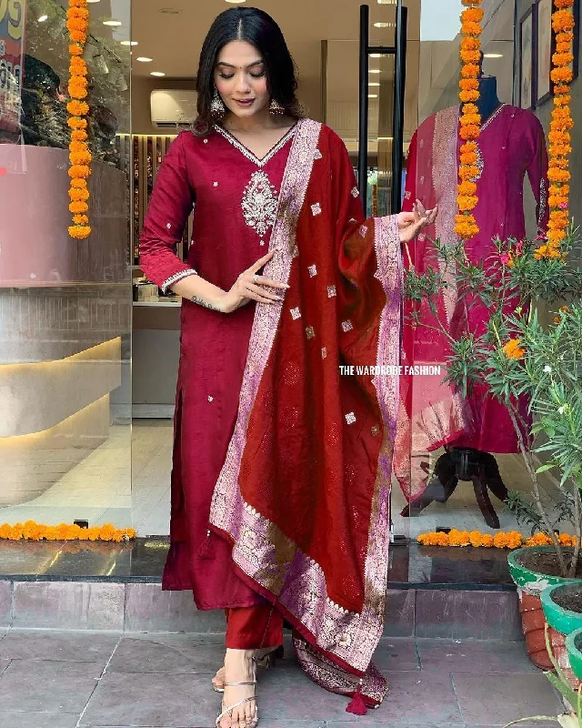 Women Party Wear Embroidery Worked Kurta With Pant And Duppata Set Casual Skinny Fit Pants