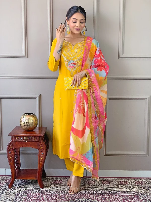 Women Party Wear Embroidery Worked Kurta With Pant And Duppata Set Classic Straight Pants