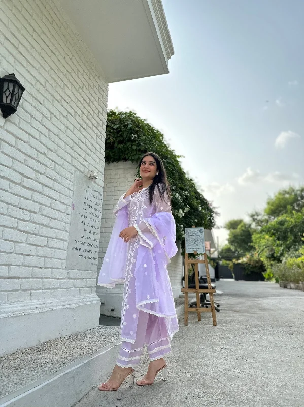 Women Party Wear Embroidery Worked Kurta With Pant And Duppata Set Modern Stretch Trousers