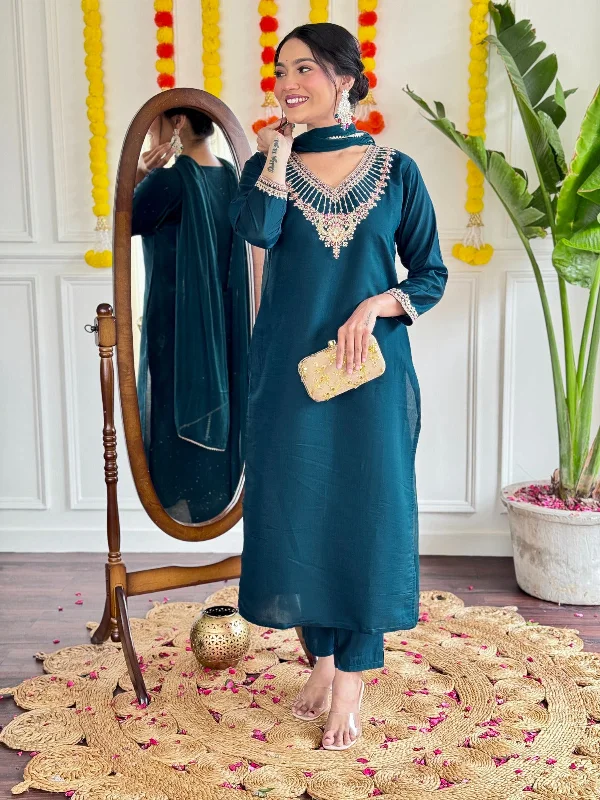 Women Party Wear Embroidery Worked Kurta With Pant And Duppata Set High-Waist Trousers