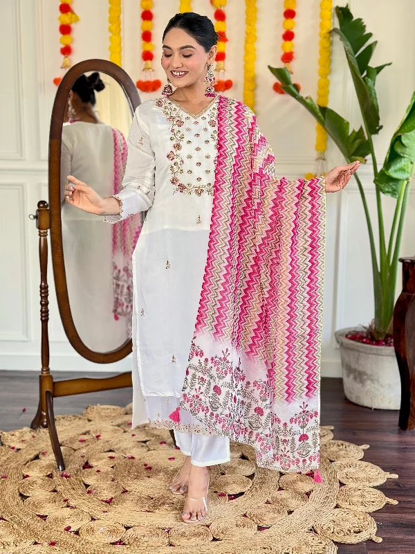 Women Party Wear Embroidery Worked Kurta With Pant And Duppata Set Warm Wool Trousers