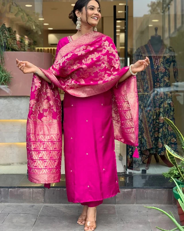 Women Party Wear Embroidery Worked Kurta With Pant And Duppata Set Casual Yoga Pants