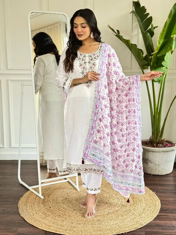 Women Party Wear Embroidery Worked Kurta With Pant And Duppata Set Stretch Fit Pants