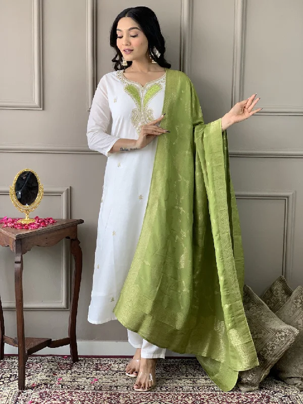 Women Party Wear Embroidery Worked Kurta With Pant And Duppata Set Stretch Fit Pants