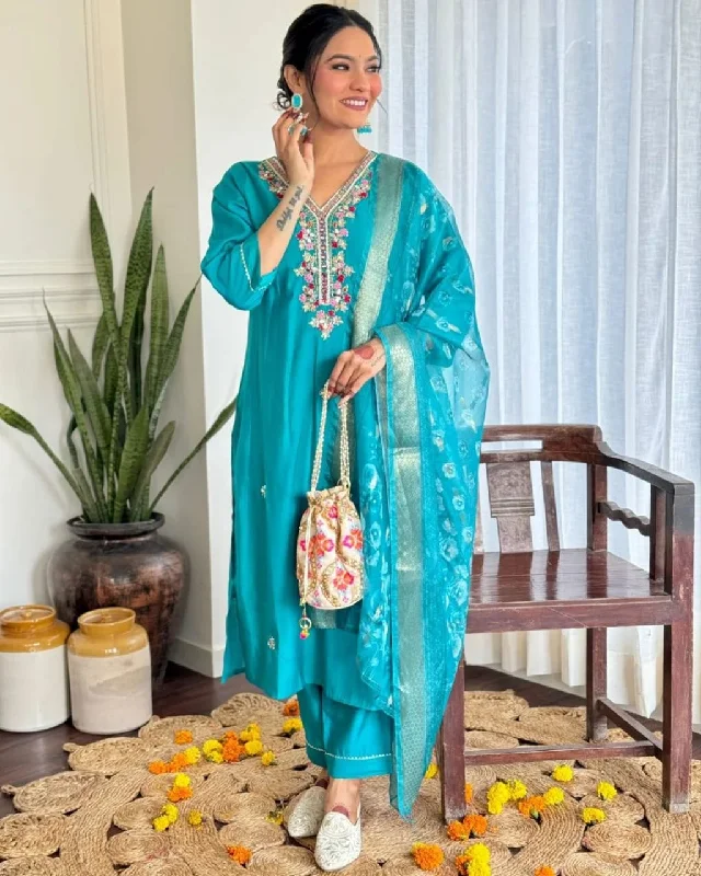 Women Party Wear Embroidery Worked Kurta With Pant And Duppata Set Chic Slim Fit Pants