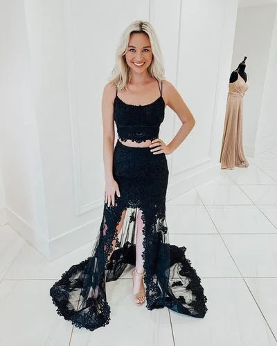 Two Piece Black Lace Slit Long Formal Prom Dress C1088