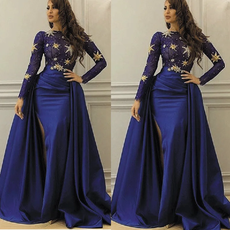 royal blue evening dresses long sleeve detachable skirt beaded arabic satin evening gown 2020 royal blue evening dresses long sleeve detachable skirt beaded arabic satin evening gown 2020