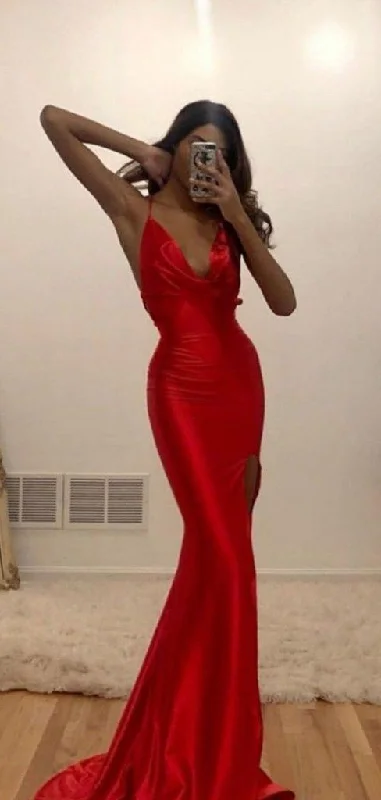 Sexy V-neck Mermaid Long Red Prom Dresses C1488