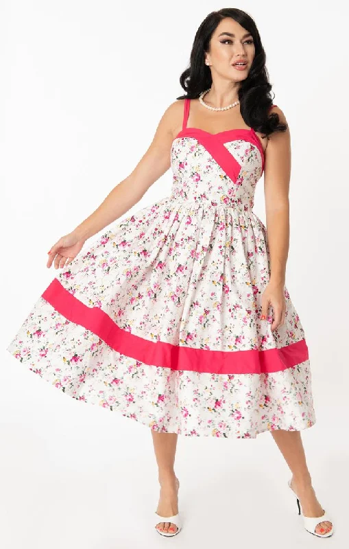 Unique Vintage Darienne Swing Dress - White/Pink Floral