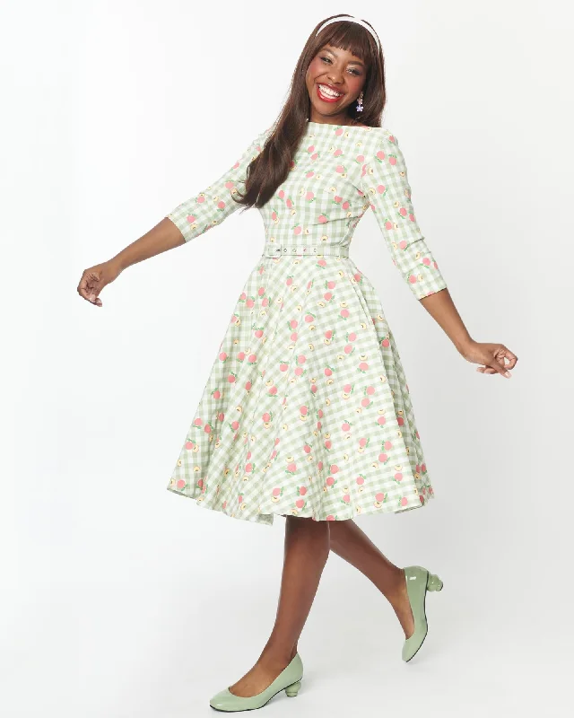 Unique Vintage Green & Peach Gingham Devon Swing Dress | Green, White, Gingham