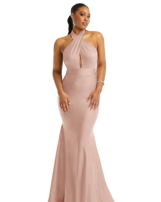 Criss Cross Halter Open-Back Stretch Satin Mermaid Dress | Toasted Sugar