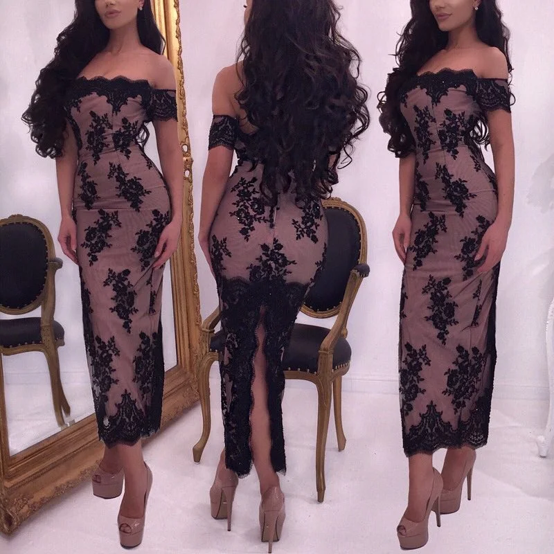 black lace appliqué evening dresses long tea length beaded mermaid elegant off the shoulder evening gown black lace appliqué evening dresses long tea length beaded mermaid elegant off the shoulder evening gown