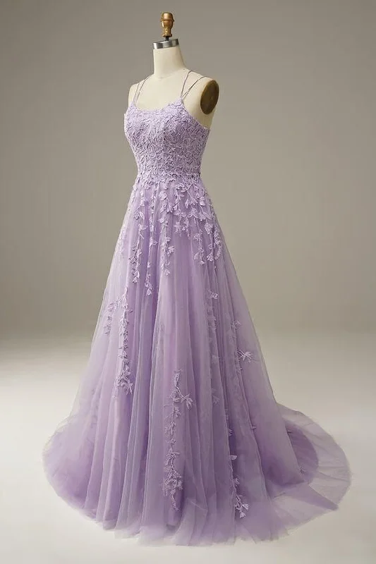 Straps Long Prom Dress with Lace Appliques C384