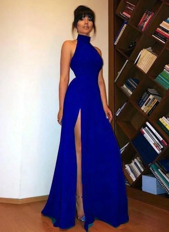 Sexy Slit Halter Neckline royal blue Prom Dress C150