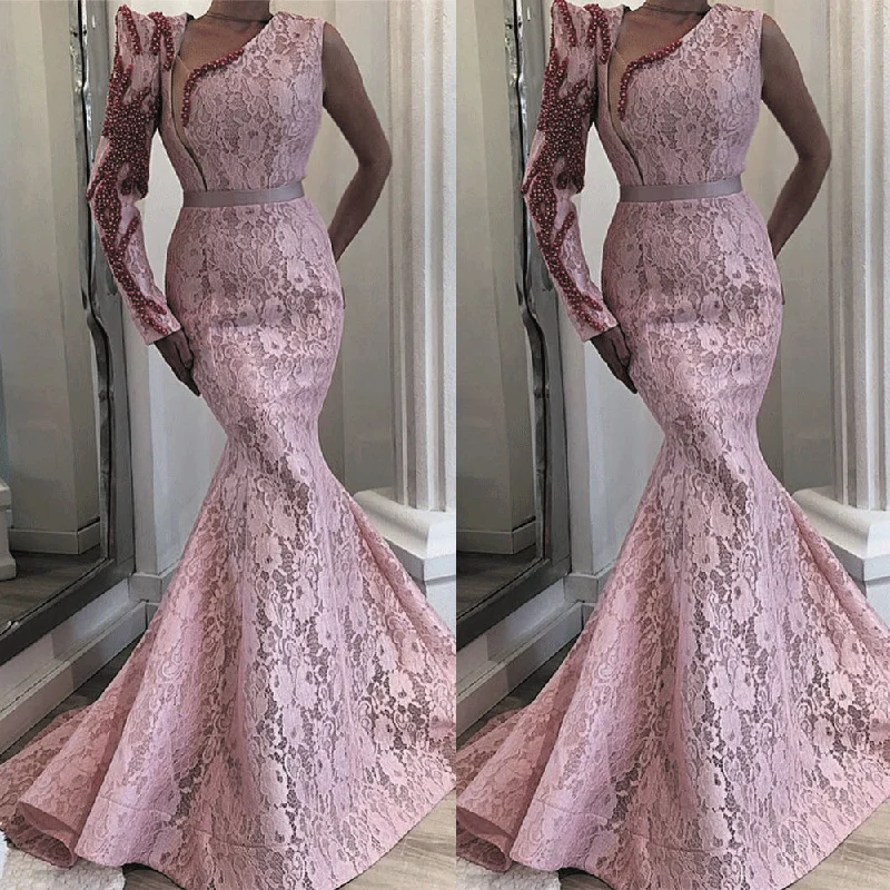 one shoulder pink evening dresses long mermaid lace appliqué beaded elegant luxury evening gown 2020 one shoulder pink evening dresses long mermaid lace appliqué beaded elegant luxury evening gown 2020