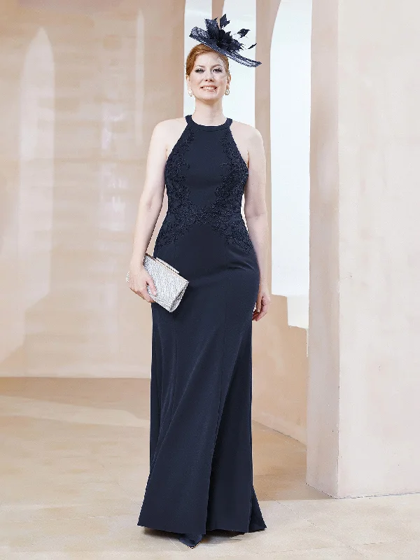 Halter Sleeveless Floor-length Sheath Dress Dark Navy