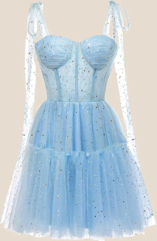 Light Blue Sparkly Starry Tulle Homecoming Dress