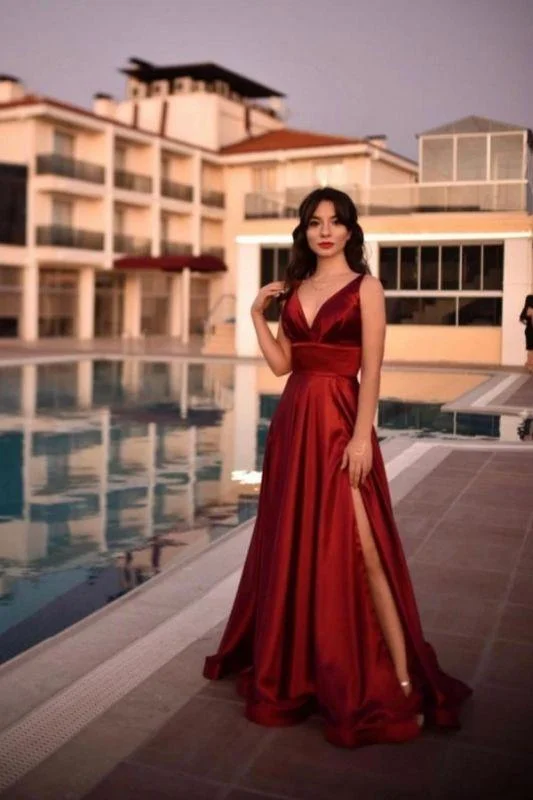 Sexy V-neck Burgundy Charmeuse Slit Backless Prom Dresses  C541