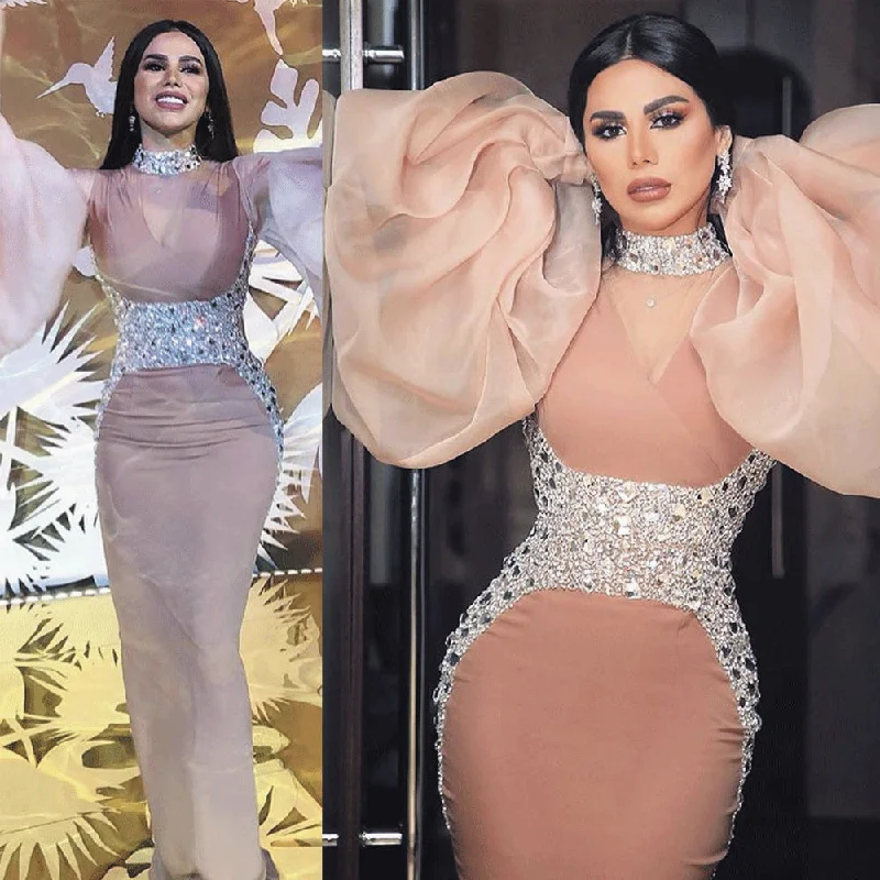 crystals mermaid evening dresses 2020 flare sleeve elegant peach beaded luxury evening gown long crystals mermaid evening dresses 2020 flare sleeve elegant peach beaded luxury evening gown long