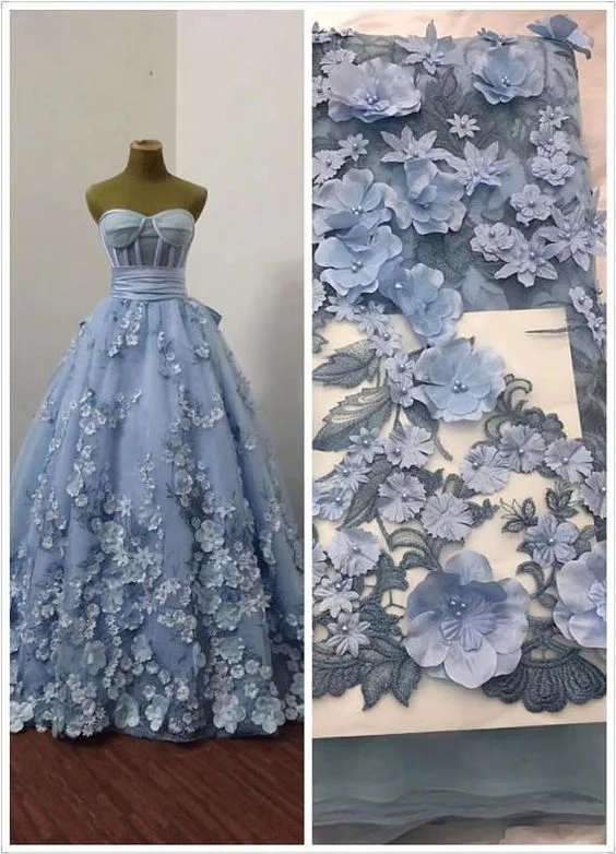 sweetheart neck blue prom dresses ball gown 3d flowers elegant a-line floral prom gown  C1628