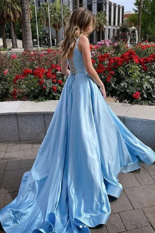 Long Blue Satin Prom Dress Formal Evening Gowns,DP0135