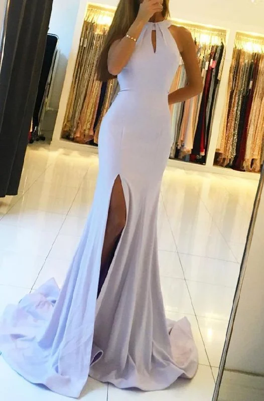 Mermaid/Trumpet Satin Side Slit Lavender Prom Dresses - Lavender C1508
