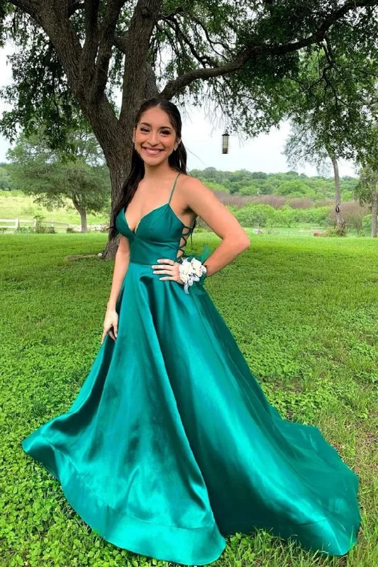 simple straps a-line green long prom dress C962