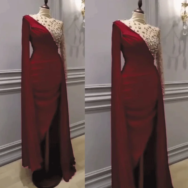 red evening dresses short long sleeve chiffon beaded elegant high neck evening gown 2020 red evening dresses short long sleeve chiffon beaded elegant high neck evening gown 2020