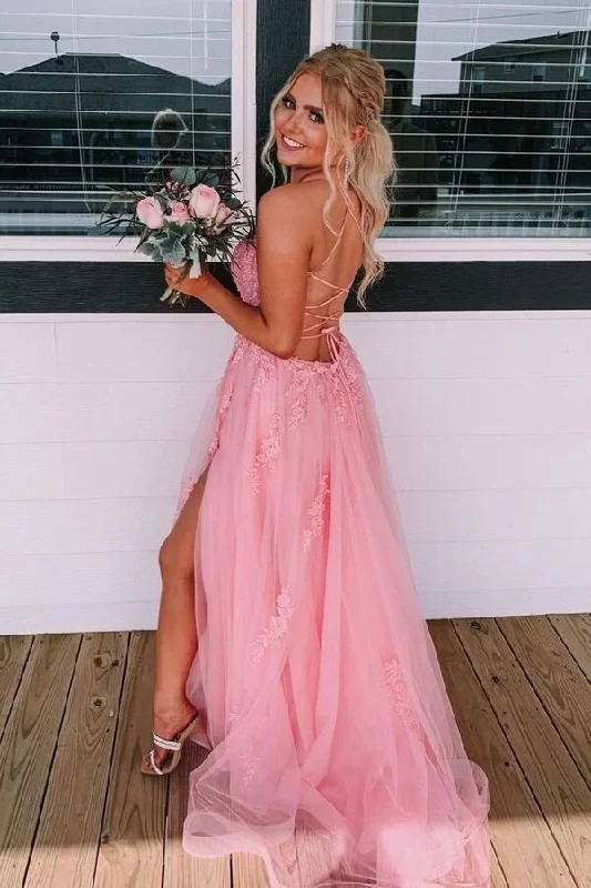 Long Pink Lace and Tulle Prom Dress Backless Formal Evening Dress,DP0140