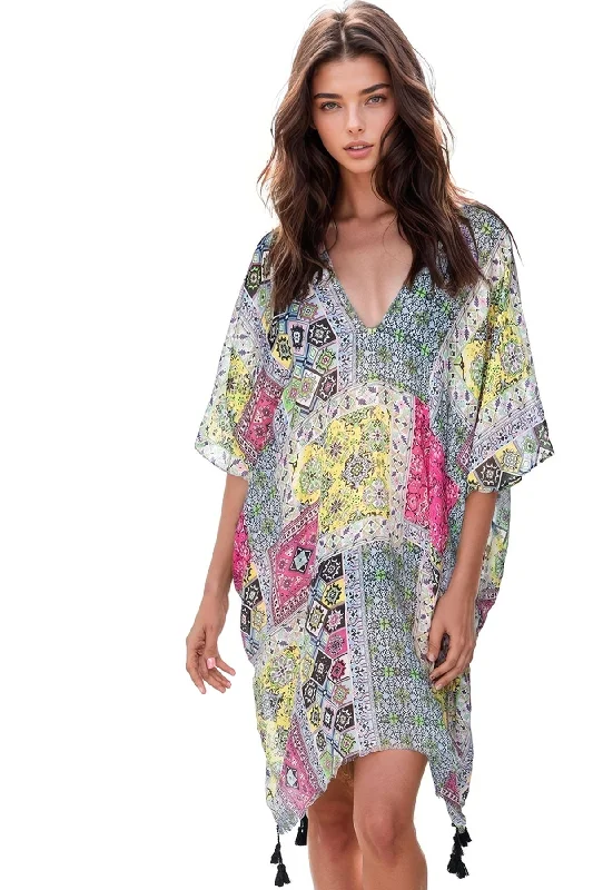 Summer Bazaar Print Kaftan V-Neck Dress in Sky