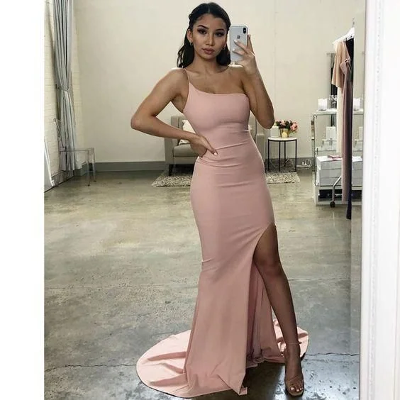 Sexy Mermaid Long Prom Dress One Shoulder Side Slit Satin C235