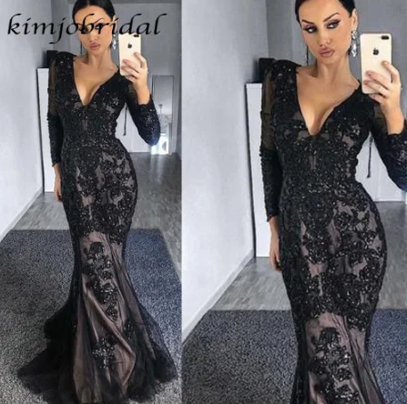 deep v neck black evening dresses long sleeve lace appliqué mermaid beaded luxury evening gown 2020 deep v neck black evening dresses long sleeve lace appliqué mermaid beaded luxury evening gown 2020