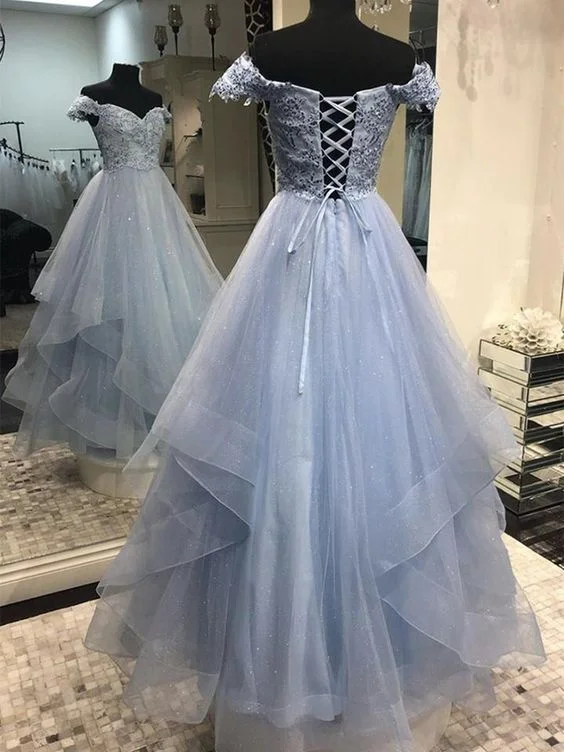 Sparkly Off Shoulder Blue Lace Long Prom Dresses, Off the Shoulder Blue Formal Dresses C401 Sparkly Off Shoulder Blue Lace Long Prom Dresses, Off the Shoulder Blue Formal Dresses C401