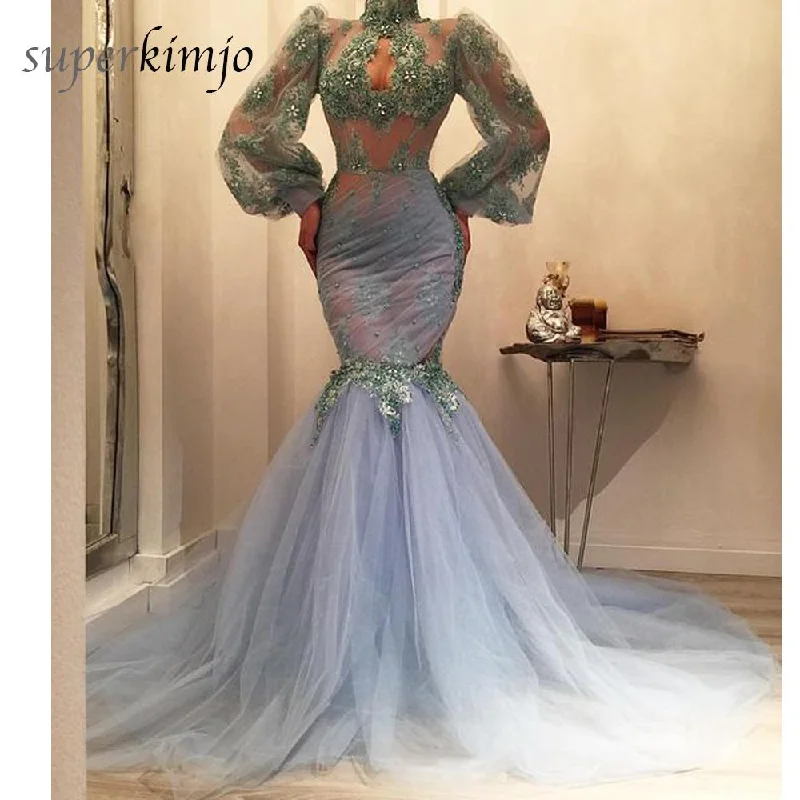 mermaid evening dresses long high neck lace appliqué beaded blue elegant evening gown 2020 formal dress