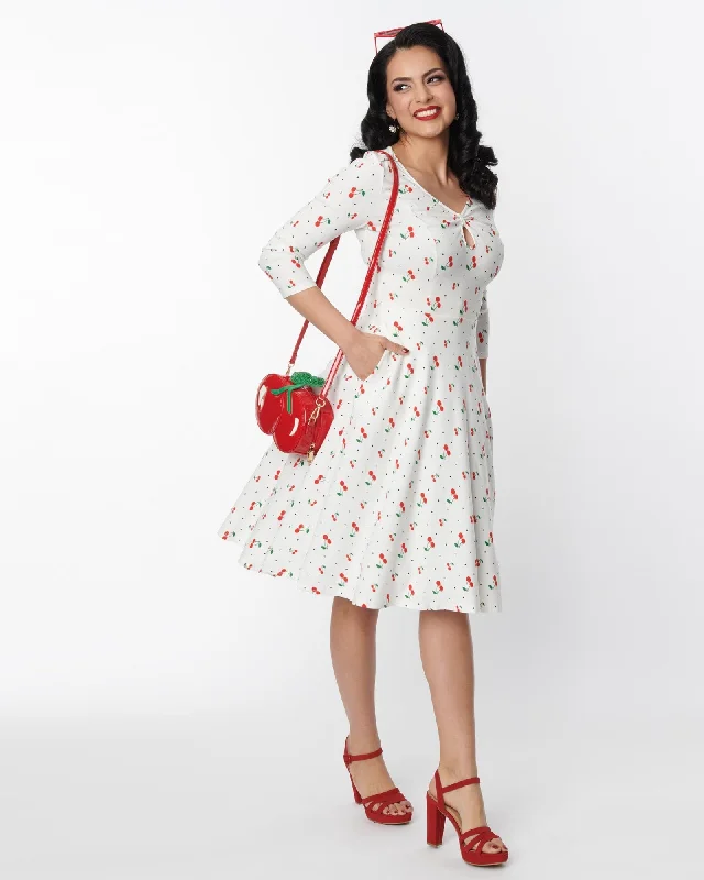 Unique Vintage White & Cherry Print Pin Dot Keyhole Neck Swing Dress | White, Polka Dot Unique Vintage White & Cherry Print Pin Dot Keyhole Neck Swing Dress | White, Polka Dot