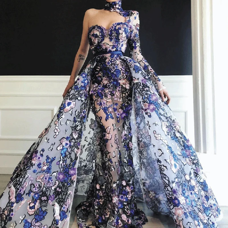 high neck evening dresses 2020 detachable skirt one shoulder embroidery appliqué elegant evening gown high neck evening dresses 2020 detachable skirt one shoulder embroidery appliqué elegant evening gown