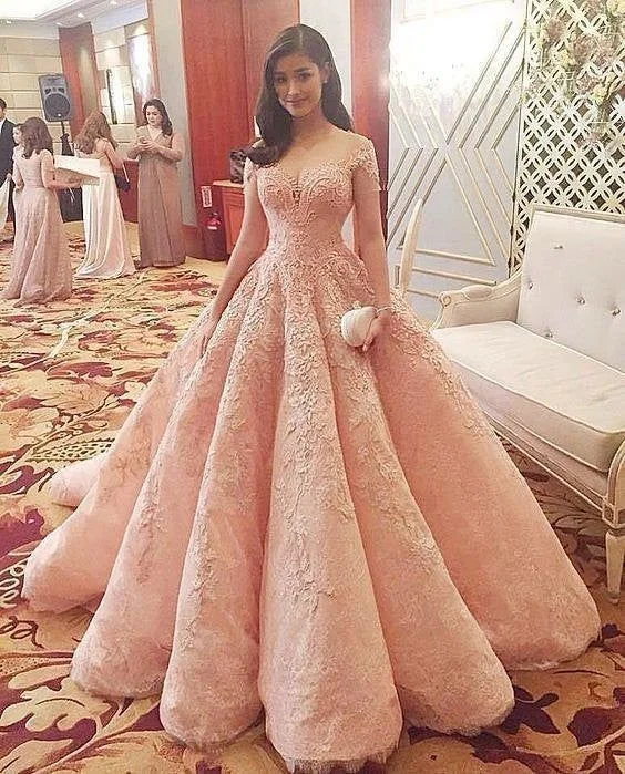 Gorgeous Sweetheart Short Sleeves A Line Ball Gown Long Prom Dresses with Appliques,DP0207 Gorgeous Sweetheart Short Sleeves A Line Ball Gown Long Prom Dresses with Appliques,DP0207