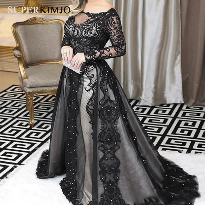 lace appliqué evening dresses with detachable train 2020 black modest beaded elegant evening gown lace appliqué evening dresses with detachable train 2020 black modest beaded elegant evening gown