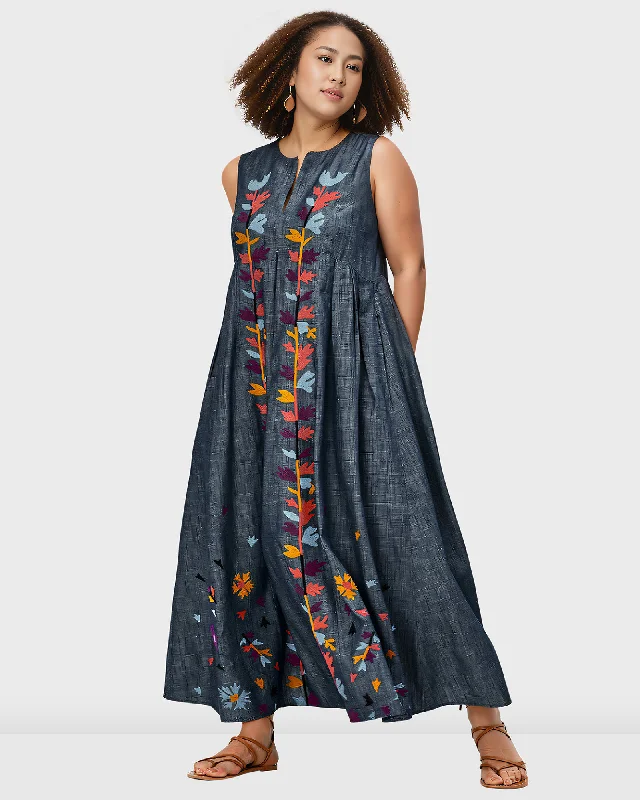 Leafy Embroidery Cotton Chambray Release Pleat Shift Dress | Indigo