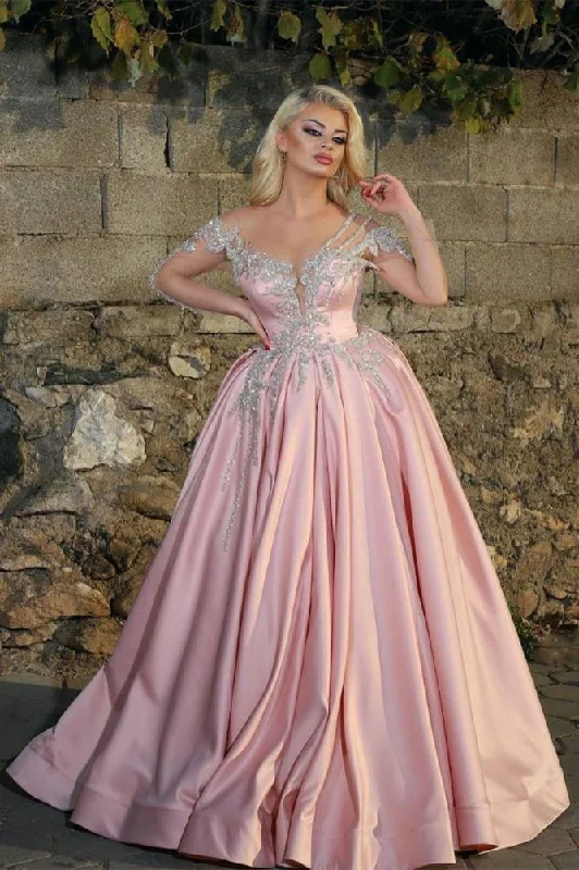 Gorgeous Princess V-neck Long Sleevess Prom Dresses With Beads Pink Ball Gowns,DP0145 Gorgeous Princess V-neck Long Sleevess Prom Dresses With Beads Pink Ball Gowns,DP0145