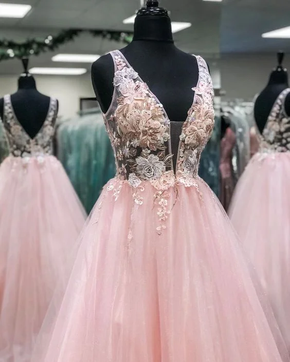 Pink Floral Embroidery V Neck Long Prom Dress  C1708