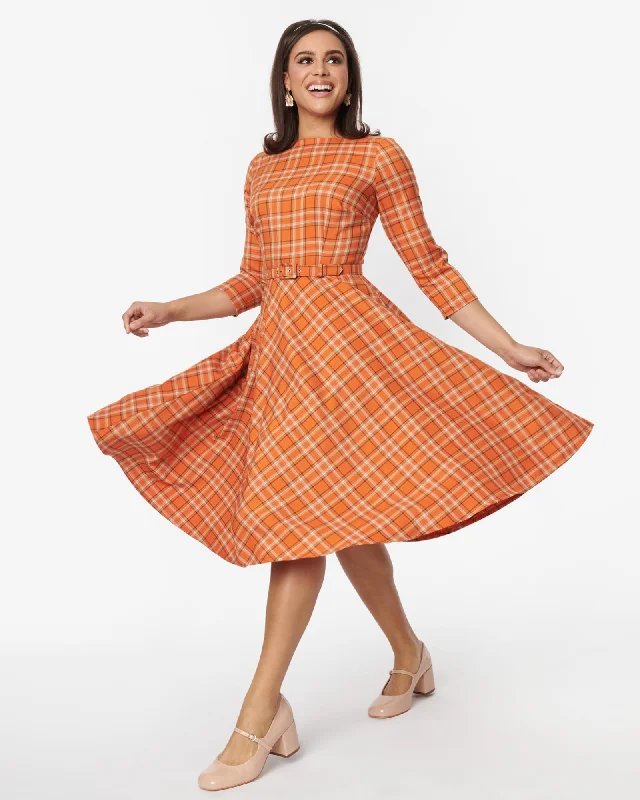 Unique Vintage Orange Plaid Devon Swing Dress | Orange