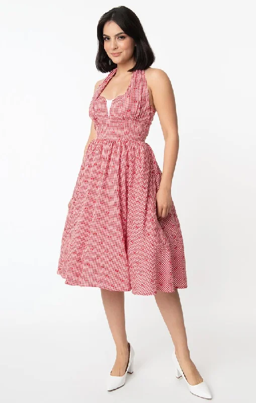 Unique Vintage Sheila Gingham & Cherry Swing Dress - Red