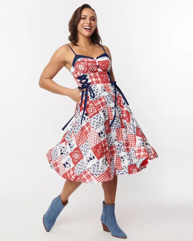 Unique Vintage Cow Patchwork Side Lace Swing Dress | Red, White, Blue