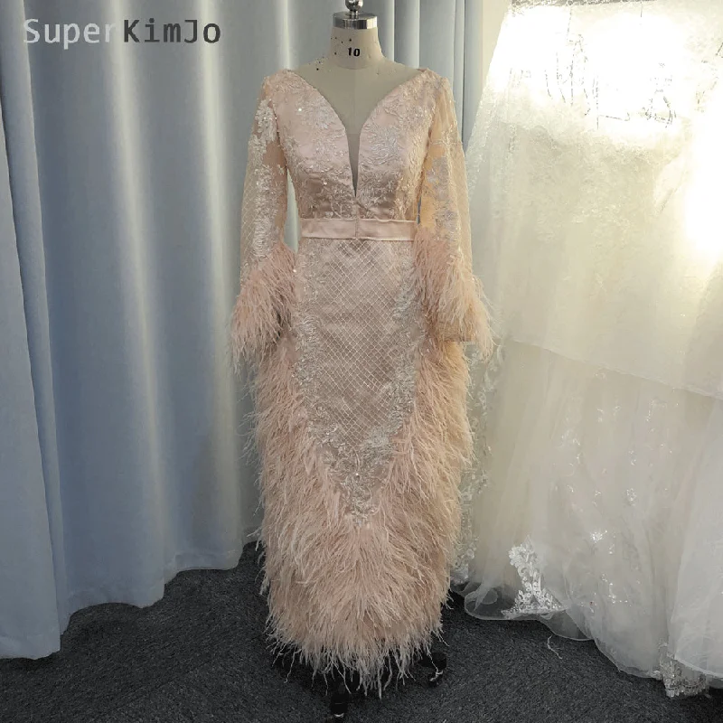 peach evening dresses ankle length feather lace appliqué beaded elegant mermaid evening gown peach evening dresses ankle length feather lace appliqué beaded elegant mermaid evening gown